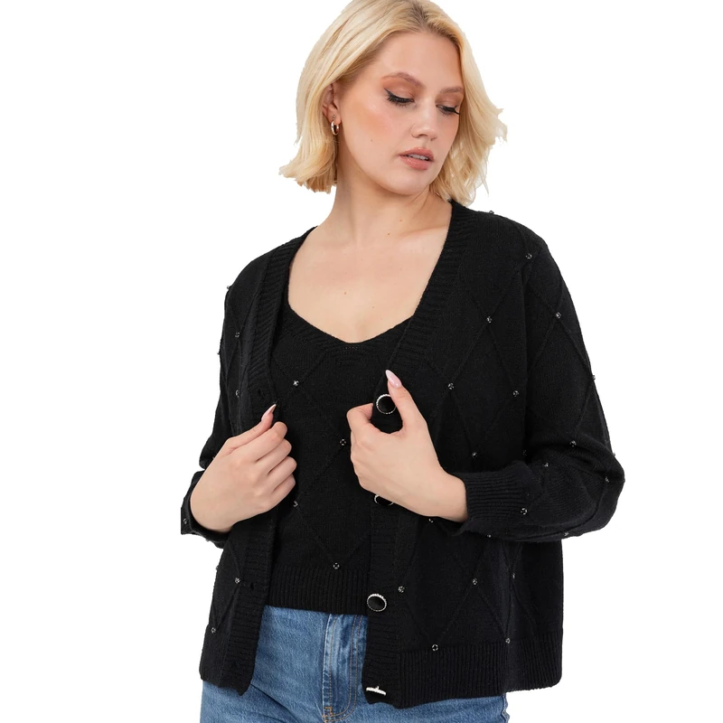 Lovedrobe Women's Twinset Ladies Long Sleeve Cardigan Knitted Two Piece Vest Tank Top Co-ord Set Diamante Smart Casual Knitwear, Black 16-18