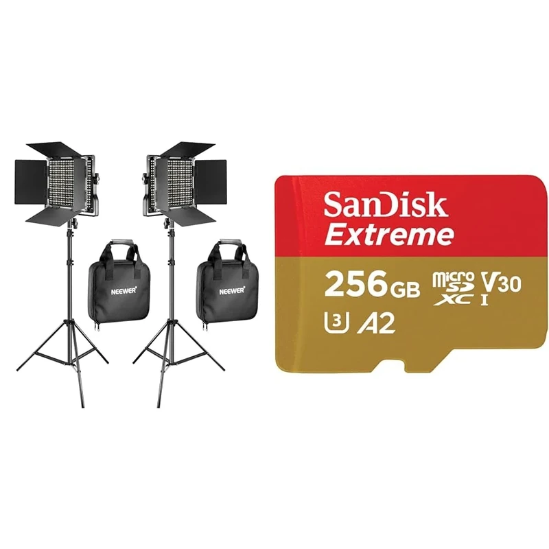 NEEWER 2 Pieces Bi-color 660 LED Video Light and Stand Kit & SanDisk 256GB Extreme microSDXC card + SD adapter + RescuePRO Deluxe, up to 190MB/s