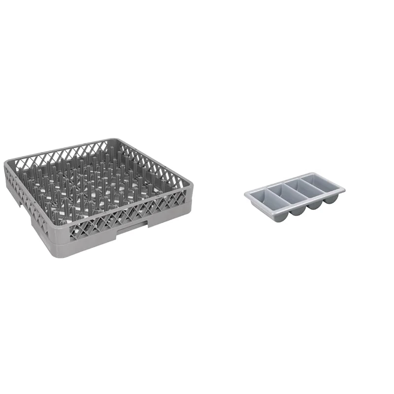NISBETS Vogue Plate Dishwasher Rack, Grey, Dimensions: 100(H) x500(W) x500(D) mm & Olympia 6690 Kristallon Cutlery Tray 4 Compartment - GN 1/1, Grey