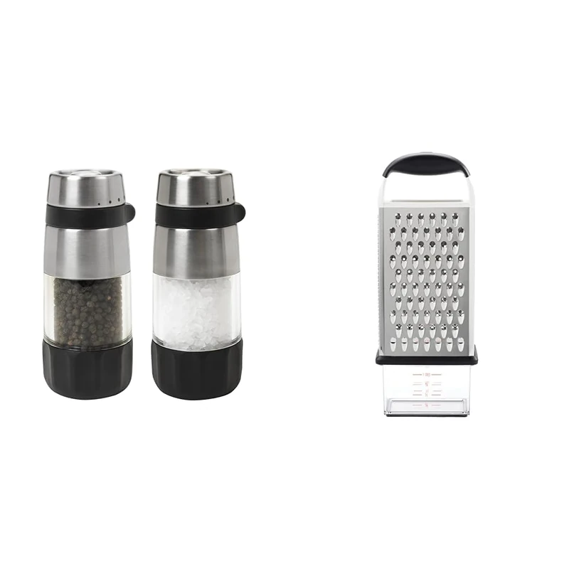 OXO Good Grips Accent Mess Free Salt & Pepper Set & Good Grips Box Grater,Silver/Black