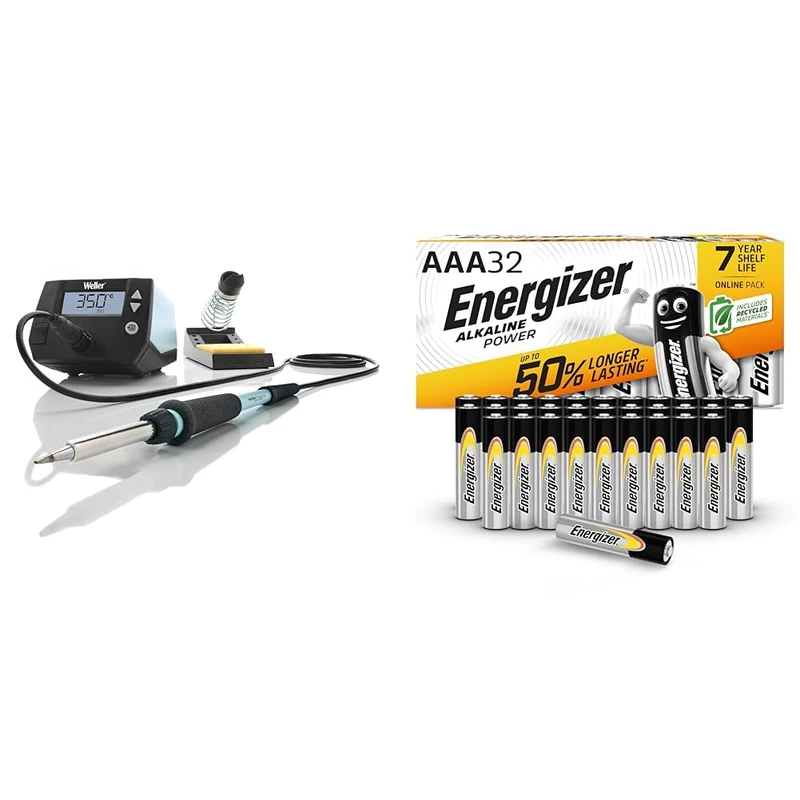 Weller WE 1010 (T0053298399) 70W/230V WE Digital Soldering Station Kit with UK Plug & Energizer AAA Batteries, Alkaline Power, Triple A Battery Pack, 32 Pack (Packaging May Vary)
