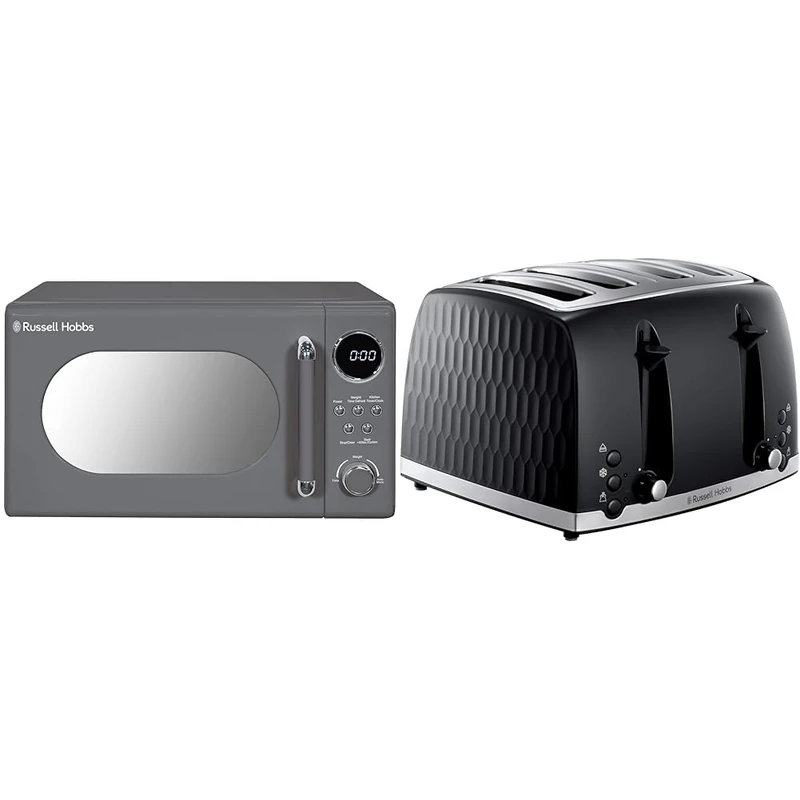 Russell Hobbs RHM2044G Retro 20 Litre Grey Digital Microwave, 800W, Mirror Finish & Honeycomb 4 Slice Toaster (Independent & Extra wide slots with high lift
