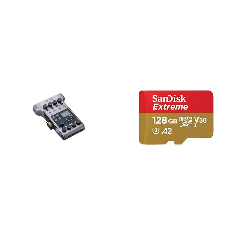 Zoom P4 PodTrak - Podcasting Mixer and Interface & SanDisk 128GB Extreme microSDXC card + SD adapter + RescuePRO Deluxe, up to 190MB/s, with A2 App Performance, UHS-I, Class 10, U3, V30, Black