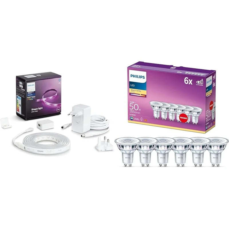 Philips Hue Lightstrip Plus v4 [2 m] White and Colour Ambiance Smart LED Kit with Bluetooth & LED Classic Light Bulb 6 Pack [GU10 Spot] 4.6 W - 50 W Equivalent, Warm White (2700K)