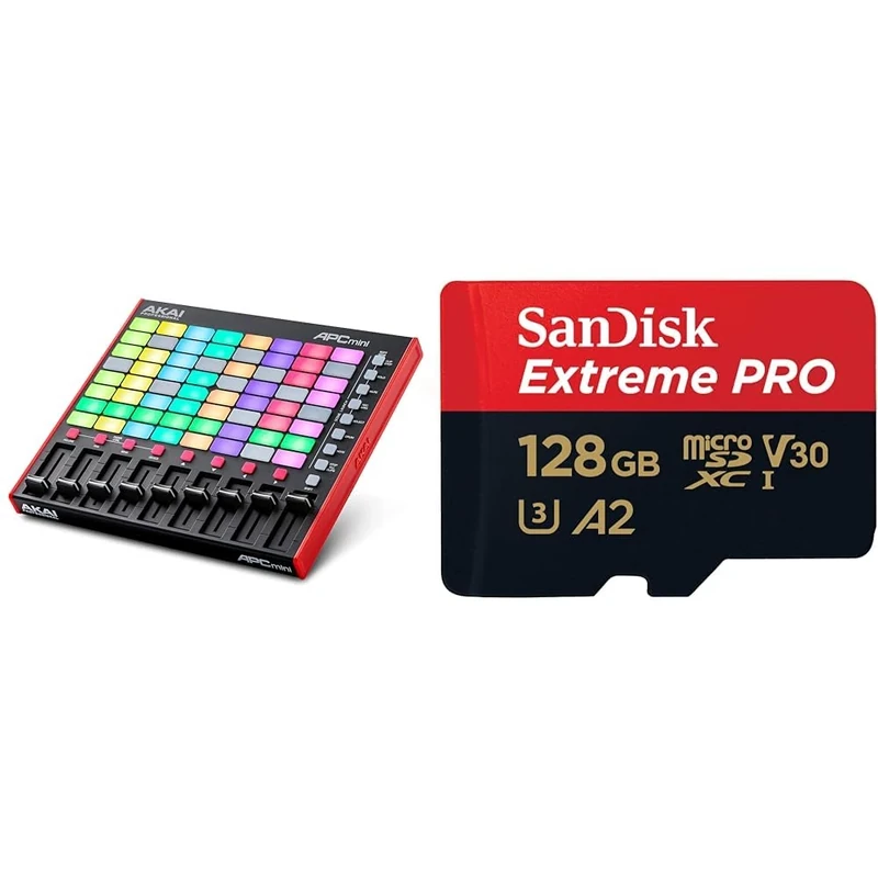 AKAI Professional APC Mini MK2 - USB MIDI Pad Controller for Clip Launching with Ableton Live Lite & SanDisk 128GB Extreme PRO microSDXC card + SD adapter + RescuePro Deluxe, up to 200 MB/s