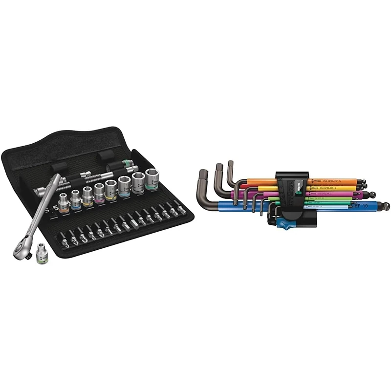 Wera 05004018001 8100 SA 8 Zyklop Metal Ratchet Set with Switch Lever, 1/4" Drive, Metric 28 Pieces & 950 SPKL/9 SM HF Multicolour L-Key Set Metric BlackLaser with HOL