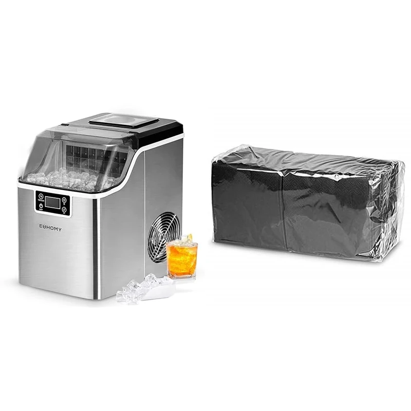 EUHOMY Ice Maker Machine Compact Countertop Ice Cube Maker 24 Ice Cubes Ready in 13 Minutes & Cocktail Napkins Black 24cm - Pack of 250-2ply Paper Napkins, Bar Caddy Napkins