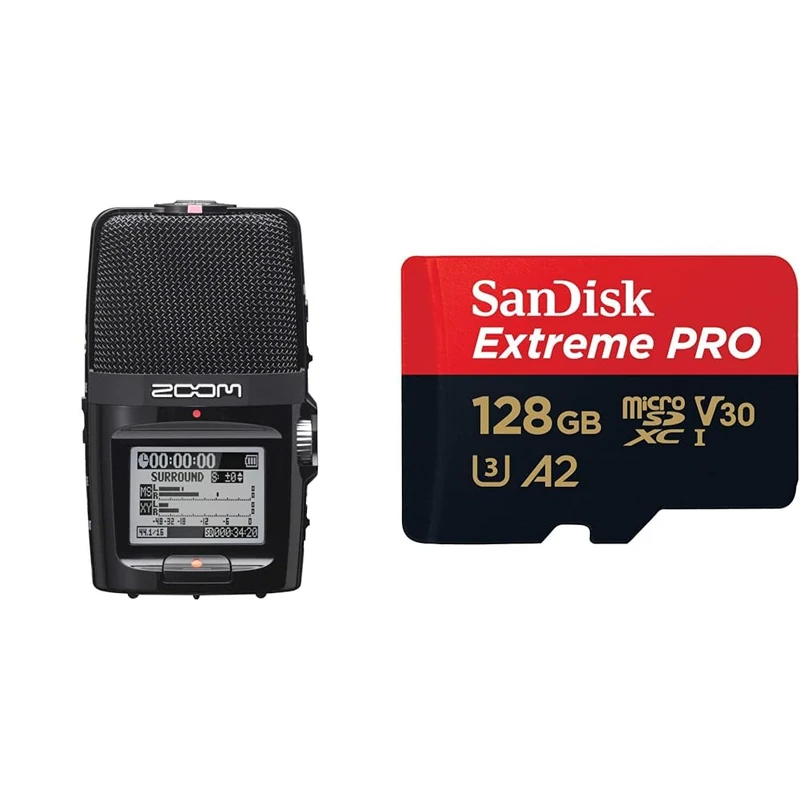 Zoom H2n Stereo/Surround-Sound Portable Recorder, 5 Built-In Microphones, X/Y, Mid-Side & SanDisk 128GB Extreme PRO microSDXC card + SD adapter + RescuePro Deluxe, up to 200 MB/s