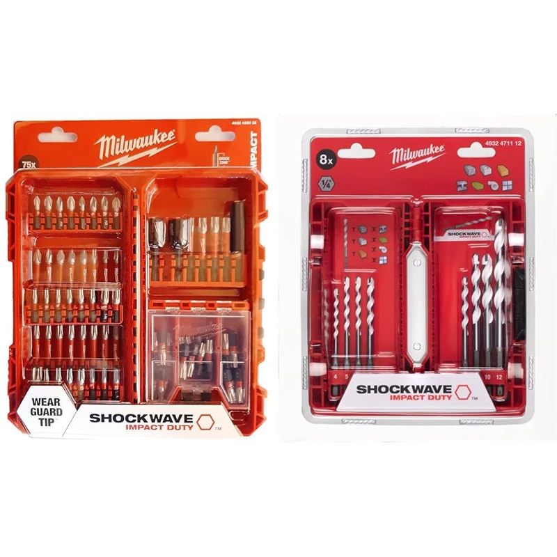 Milwaukee Shockwave 4932492008 Impact Duty Bit Set & 4932471112 Shockwave Multi-Material Drill Bit 1/4 Inch Hex Cassette 8-Piece
