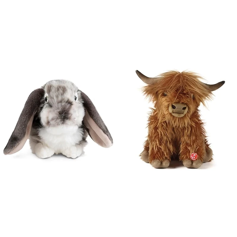 Living Nature Grey Dutch Lop Eared Rabbit Stuffed Animal Plush Toy | Fluffy Soft Toy Gift for Kid & Highland Cow Brown Plush Toy | Farm Toy with Sound | Soft Toy Gift for Kids