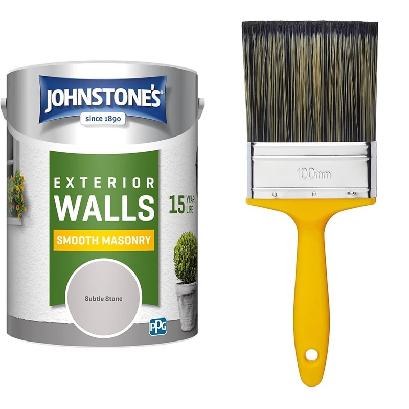Johnstone's – Exterior Smooth Masonry Paint – Subtle Stone – Up to 15 Years Protection & ProDec PR4GY Flat Masonry Paint Brush for Rapid Application