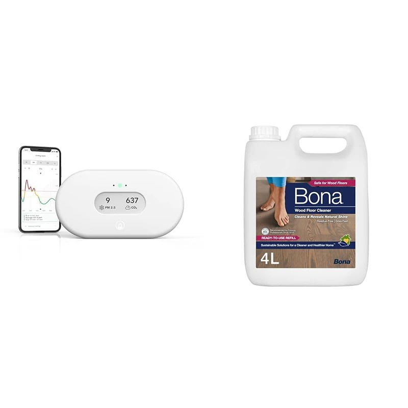 Airthings 2960 View Plus - Radon and Air Quality Monitor with PM 2.5, CO2, VOC & Bona Wood Floor Cleaner Liquid | Wooden Floor Cleaner | Robot Liquid