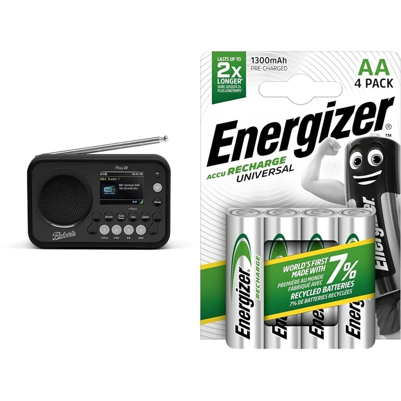 Roberts PLAY20 Compact and Portable DAB/DAB+/FM Digital Radio, Rubber-Protected, Full Colour Screen, Black & Energizer Rechargeable AA Batteries, Universal Double AA, Pack of 4
