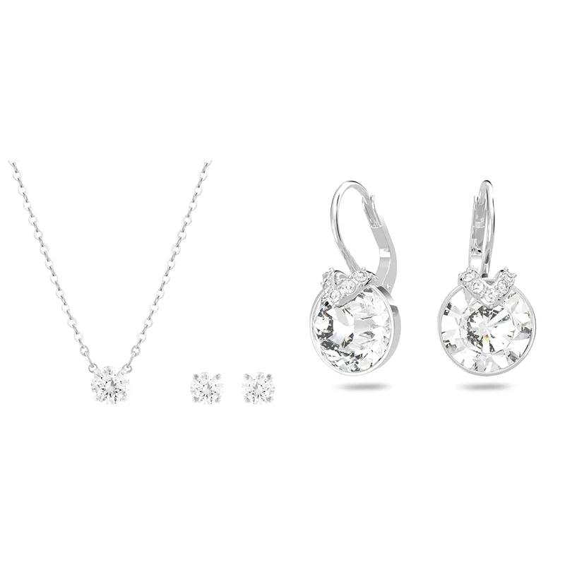 Swarovski Attract set, Round, White, Rhodium plated & Bella Drop Pierced Earrings, with Clear Crystals, Rhodium Plated Setting and Clear Crystal Pavé, a Part of the Bella Collection