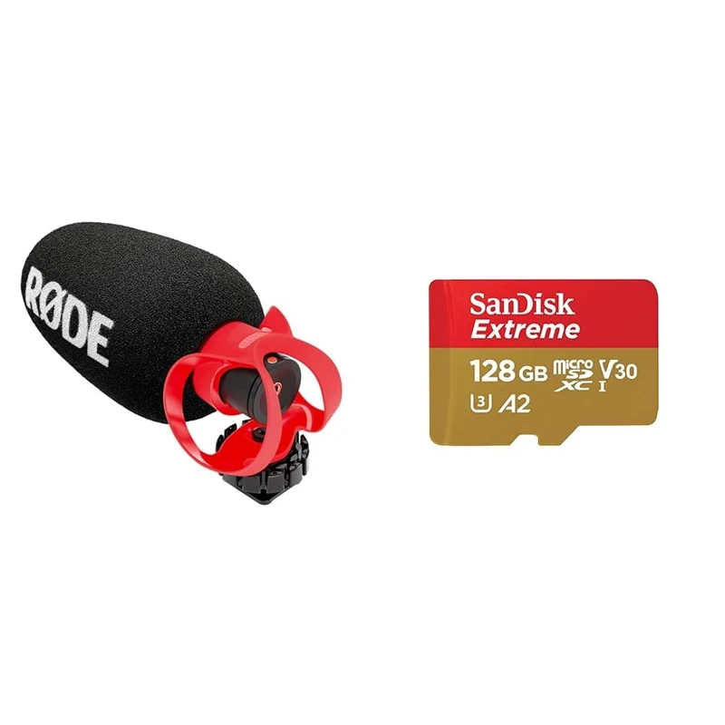 RØDE VideoMicro II Ultra-Compact On-Camera Shotgun Microphone for Recording Audio with a Camera & SanDisk 128GB Extreme microSDXC card + SD adapter + RescuePRO Deluxe, up to 190MB/s