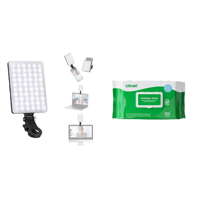 NEEWER Selfie Light with Front & Back Phone Clip, High Power 60 LED 2000mAh Rechargeable CRI 95+ & Clinell Universal Cleaning and Disinfectant Wipes for Surfaces (BCW200)