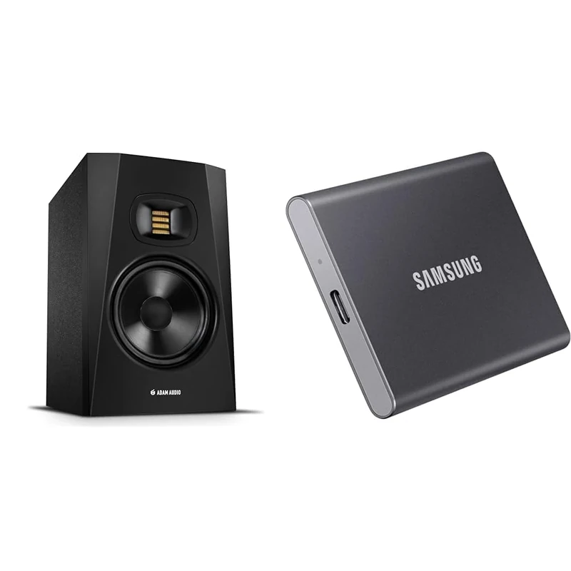 ADAM Audio T7V Studio Monitor for recording, mixing and mastering, Studio Quality Sound (Single) & Samsung T7 Portable SSD - 1 TB - USB 3.2 Gen.2 External SSD Titanium Grey (MU-PC1T0T/WW)