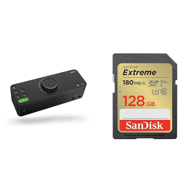 EVO 8 USB Audio Interface external sound card for music productions (4 in / 4 out, Smartgain & SanDisk 128GB Extreme SDXC card + RescuePro Deluxe up to 180 MB/s UHS-I Class 10 U3 V30