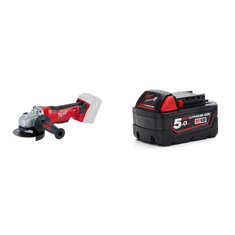 Milwaukee HD18AG0 M18 Angle Grinder, Bare Unit & M18 B5 REDLITHIUM-ION™ Slide Battery Pack 18V 5.0Ah Li-ion, Black