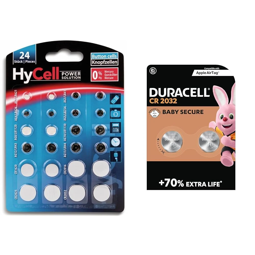 HYCELL Alkaline & Lithium Button Cells [Assorted Multipack of 24] & Duracell CR2032 Lithium Coin Batteries 3V (2 Pack) - Up to 70% Extra Life*