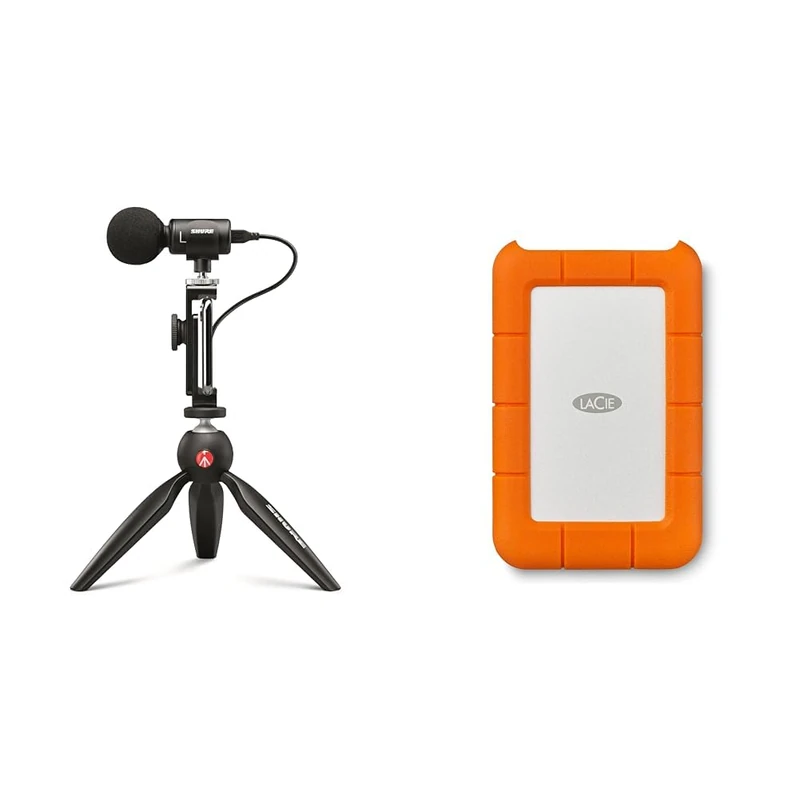 Shure MV88+ Video Kit - Digital Stereo Condenser Microphone for Apple and Android & LaCie Rugged USB-C, 5TB, Portable External Hard Drive, Drop, Shock, Dust, Rain Resistant