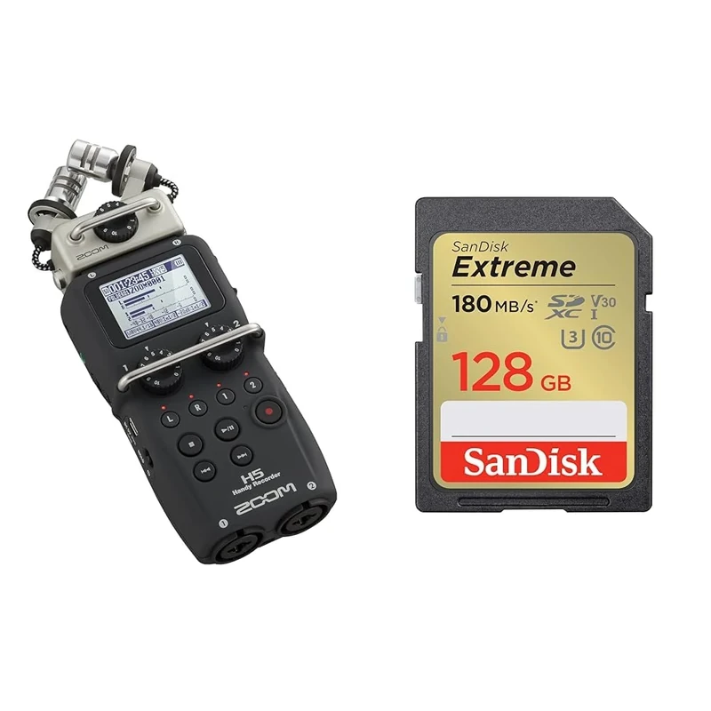 Zoom H5 4-Track Portable Recorder for Audio for Video, Music, and Podcasting, Stereo Microphones & SanDisk 128GB Extreme SDXC card + RescuePro Deluxe up to 180 MB/s UHS-I Class 10 U3 V30