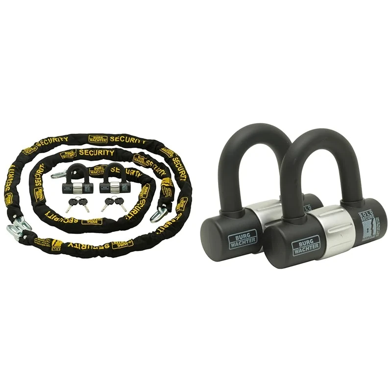 Burg-Wachter Duo Kit Sold Secure Diamond & Gold 10mm Keyed Alike Chain Twin Pack, Black, 2M & 100D Duo Sold Secure Gold Keyed Alike U Lock Twin Pack, Black