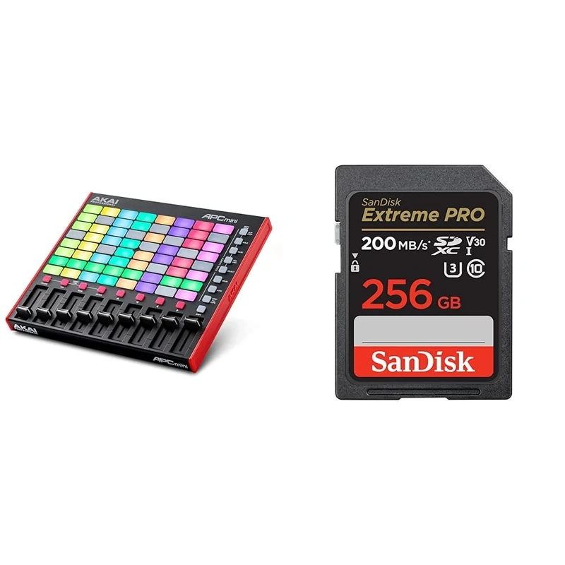 AKAI Professional APC Mini MK2 - USB MIDI Pad Controller for Clip Launching with Ableton Live Lite & SanDisk 256GB Extreme PRO SDXC card + RescuePRO Deluxe, up to 200MB/s, UHS-I, Class 10, U3, V30