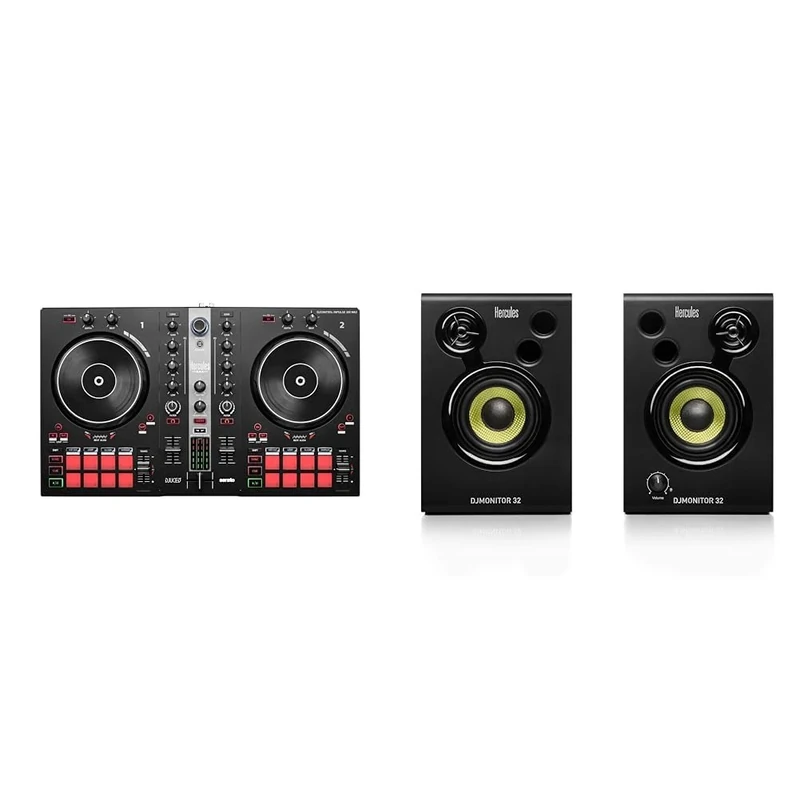 Hercules DJControl Inpulse 300 MK2 – USB DJ Controller – 2 Decks with 16 Pads and Built-in Sound Card & DJMonitor 32-2 x 15 watts RMS active monitoring speakers - UK Version, Black