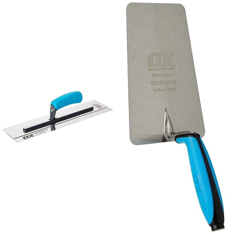 OX Pro UltraFlex Finishing Trowel 16in / 405 x 110 mm & OX PRO Series Plasterers/Builders Carbon Steel Bucket Trowel with Dura grip Soft handle– 7” Large