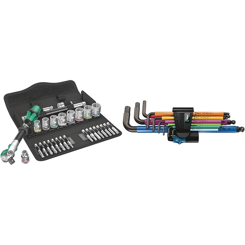 Wera 8100 SB 6 Zyklop Speed 3/8" Multifunction Ratchet & Socket Set, Metric, 29pc, 05004046001, Silver & 950 SPKL/9 SM HF Multicolour L-Key Set Metric BlackLaser with HOL