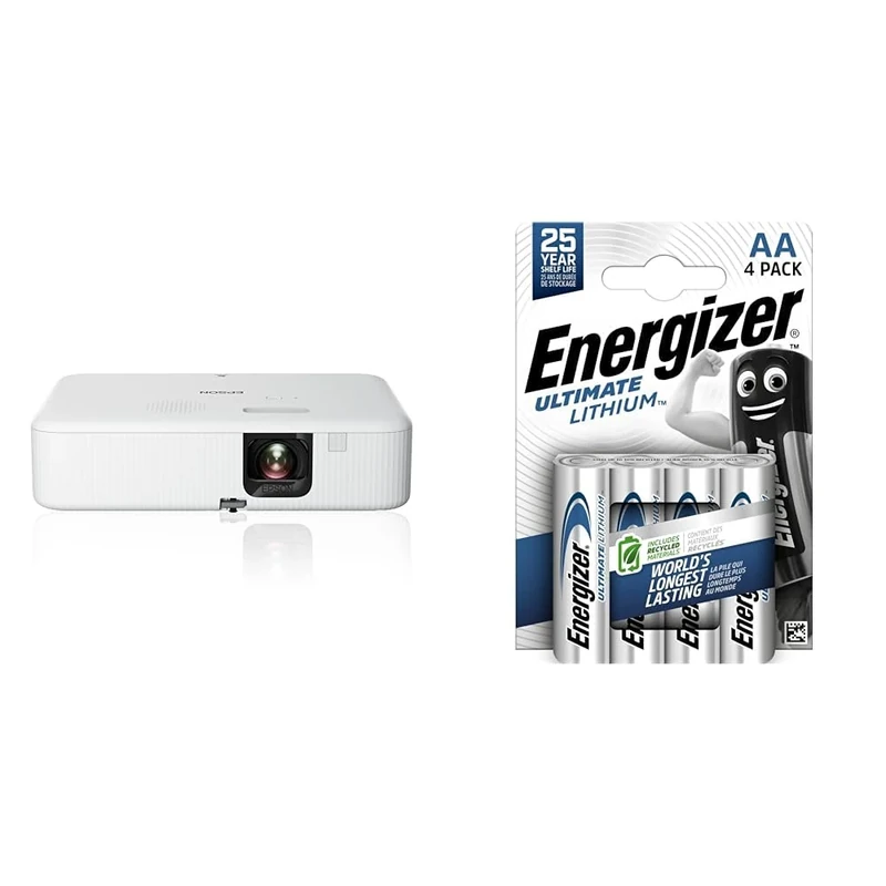 Epson CO-FH02 Full HD 1080p 3,000 Lumen Home Cinema Projector & Energizer AA Batteries, Ultimate Lithium, 4 Pack Double A Battery Pack