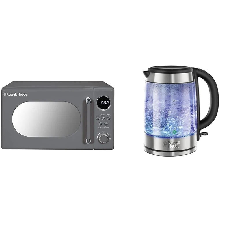 Russell Hobbs RHM2044G Retro 20 Litre Grey Digital Microwave, 800W, Mirror Finish & Illuminating 1.7L Electric Cordless Glass Kettle