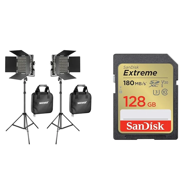 NEEWER 2 Pieces Bi-color 660 LED Video Light and Stand Kit & SanDisk 128GB Extreme SDXC card + RescuePro Deluxe up to 180 MB/s UHS-I Class 10 U3 V30