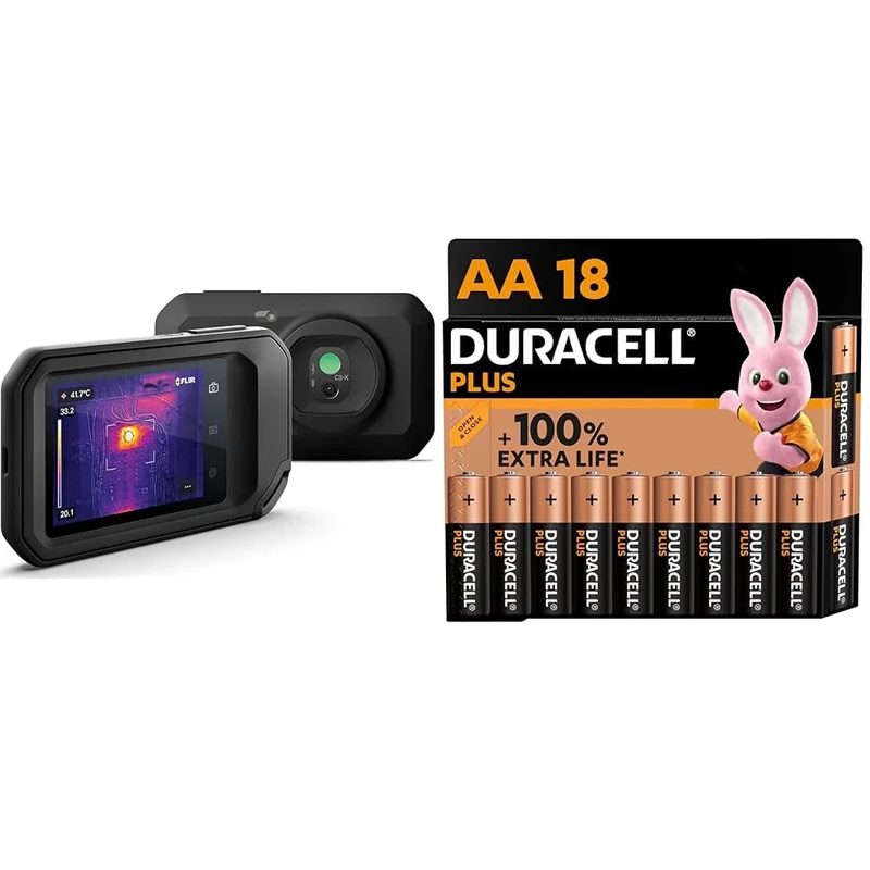 FLIR C3-X Compact Thermal Imaging Camera with Wifi: High Resolution Infrared Imager for Inspection & Duracell Plus AA Batteries (18 Pack) - Alkaline 1.5V - Up To 100% Extra Life