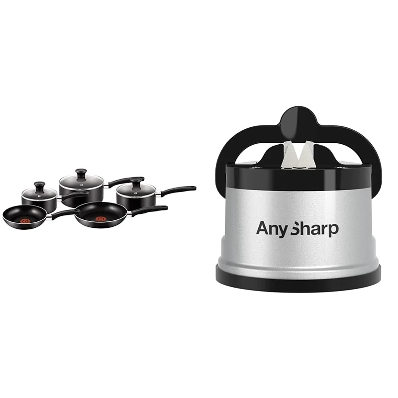 Tefal Essential, Aluminium Pots and Pans Set, 16 cm, 18 cm and 20 cm Saucepans with Lids & AnySharp Knife Sharpener, Hands-Free Safety, PowerGrip Suction, Safely Sharpens All Kitchen Knives