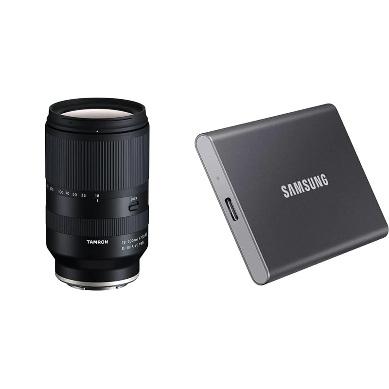 TAMRON - 18-300mm F/3.5-6.3 Di III-A VC VXD - Zoom lens for APS-C mirrorless Sony cameras - Model B061S & Samsung T7 Portable SSD - 1 TB - USB 3.2 Gen.2 External SSD Titanium Grey (MU-PC1T0T/WW)