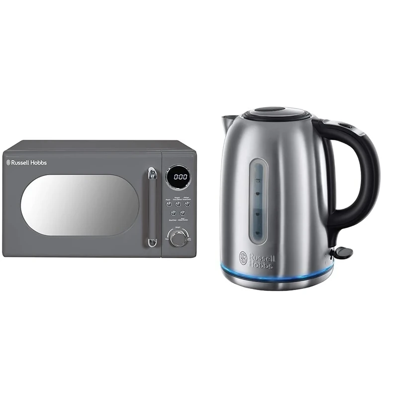 Russell Hobbs RHM2044G Retro 20 Litre Grey Digital Microwave, 800W, Mirror Finish & Brushed Stainless Steel Electric 1.7L Cordless Kettle