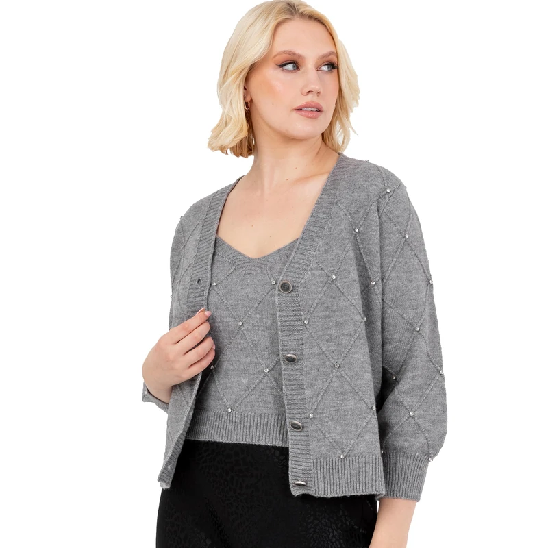 Lovedrobe Women's Twinset Ladies Long Sleeve Cardigan Knitted Two Piece Vest Tank Top Co-ORD Set Diamond Smart Casual Knitwear Sweater, Grey, 36-38 for Women, Grey, 42592