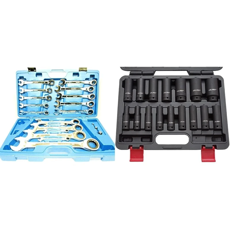 US PRO 17PC 8-32mm Metric Gear Ratchet Combination Spanner Wrench Set 3236 & 16PC 1/2'' Dr 6-Point European Deep Impact Socket Set B1340