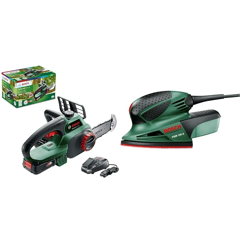 Bosch Home and Garden Cordless Chainsaw UniversalChain 18 (Battery 2.5 Ah, Charger, SDS System & Bosch Home and Garden Multi Sander PSM 100 A (100 W, in case)