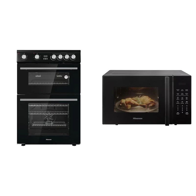 Hisense HDE3211BBUK 60cm Electric Cooker with Ceramic Hob-Black, A Rated Double Oven & 900 Watt Microwave oven H25MOBS7HUK - Black, 25 Litre