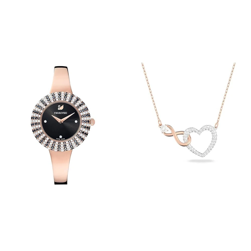 Swarovski Crystal Rose watch, Metal bracelet, Black, Rose gold-tone finish & Infinity necklace, Infinity and heart, White, Mixed metal finish