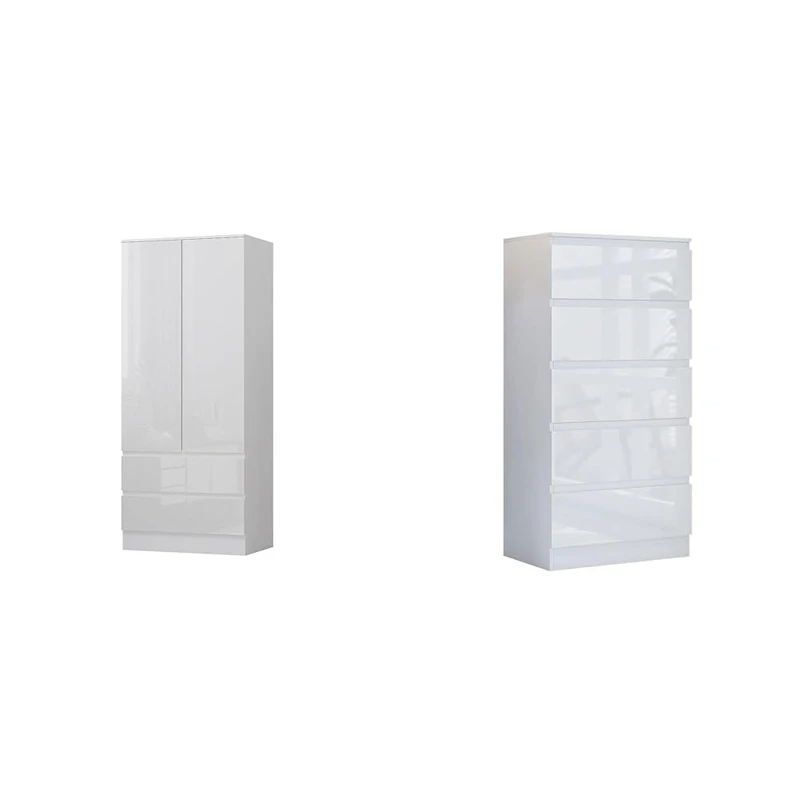 FWStyle Modern Scandinavian 2 Door 2 Drawer Combination Wardrobe White Gloss No Handles Soft Close & 5 Drawer Tall Chest of Drawers Modern Furniture Scandinavian Style Matt White