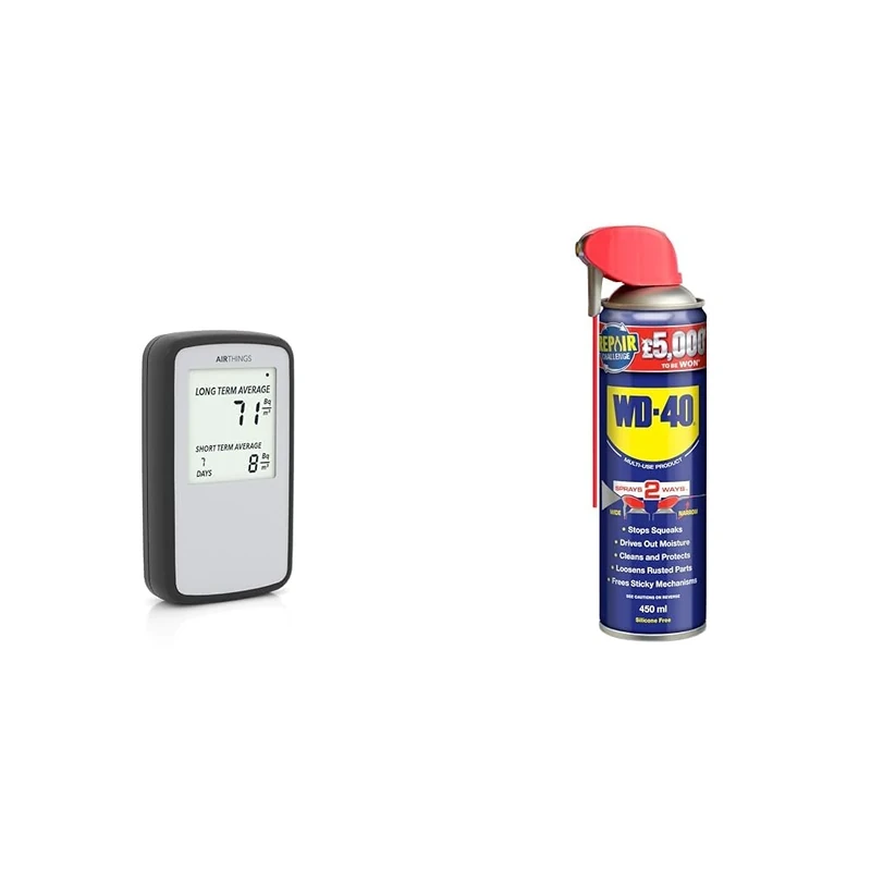 Airthings Corentium Home Radon Detector - 224 Portable, Lightweight, Easy-to-Use, (3) AAA Battery & WD-40 Multi-Use Smart Straw 450ml Spray Aerosol Can Clean Rust Lubricant, blue