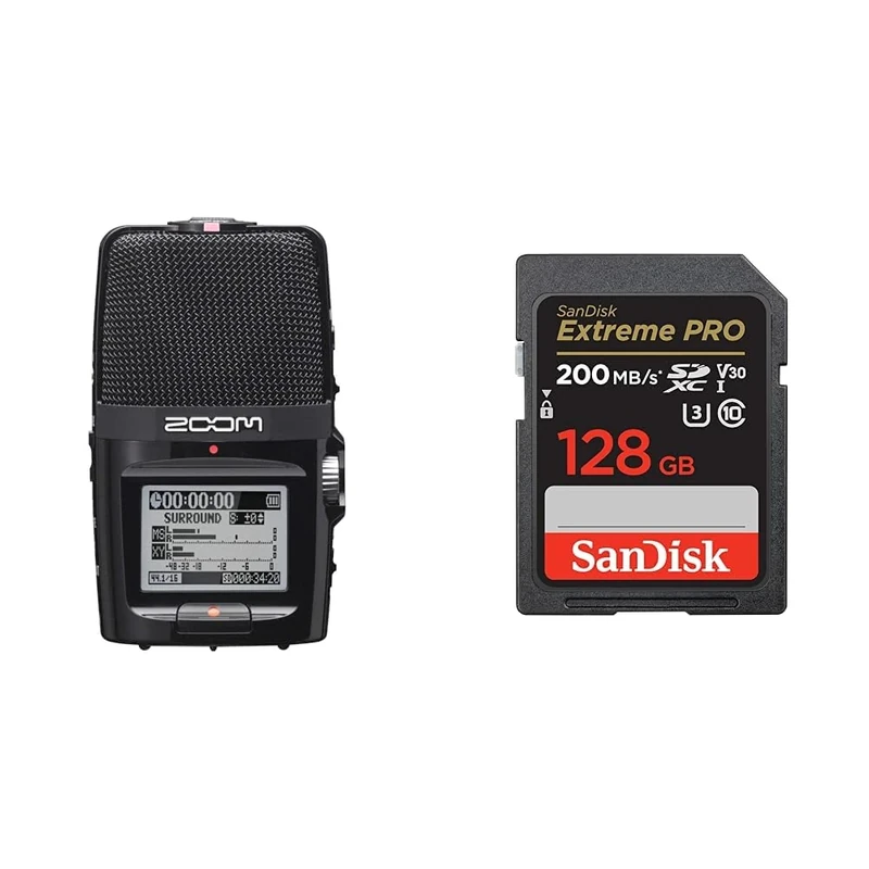 Zoom H2n Stereo/Surround-Sound Portable Recorder, 5 Built-In Microphones, X/Y, Mid-Side & SanDisk 128GB Extreme PRO SDXC card + RescuePRO Deluxe, up to 200MB/s, UHS-I, Class 10, U3, V30