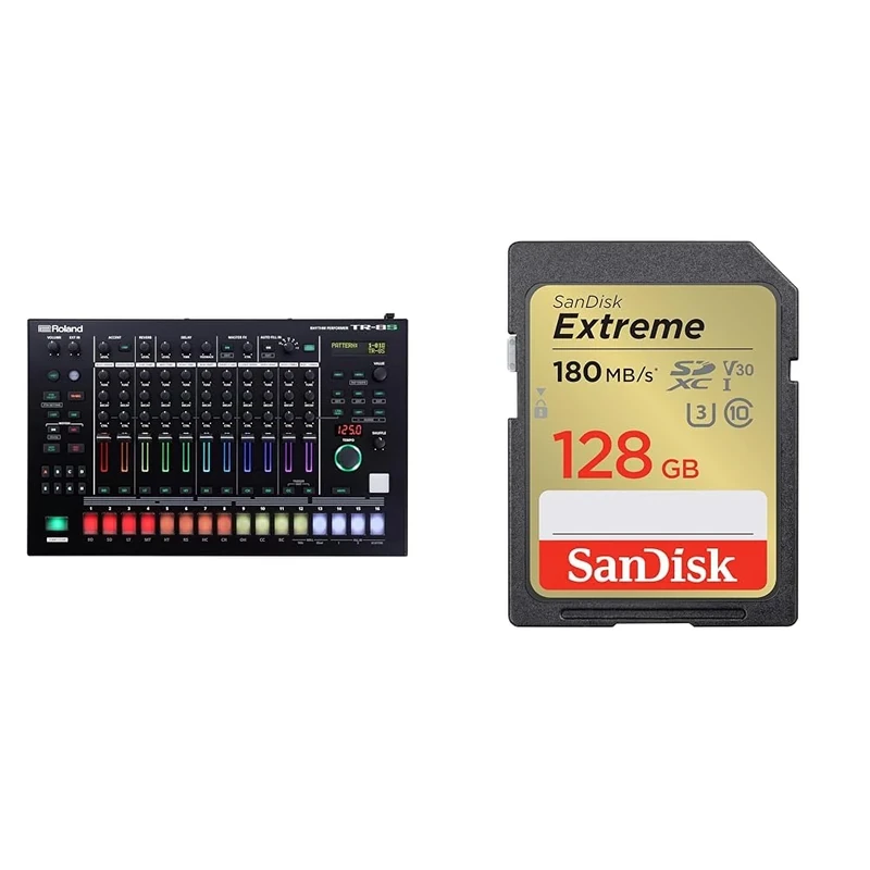 Roland Aira Rhythm Performer TR-8S, Black & SanDisk 128GB Extreme SDXC card + RescuePro Deluxe up to 180 MB/s UHS-I Class 10 U3 V30