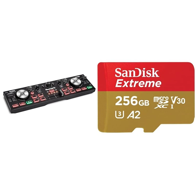 Numark DJ2GO2 Touch – Compact 2 Deck USB DJ Controller with Mixer/Crossfader & SanDisk 256GB Extreme microSDXC card + SD adapter + RescuePRO Deluxe, up to 190MB/s