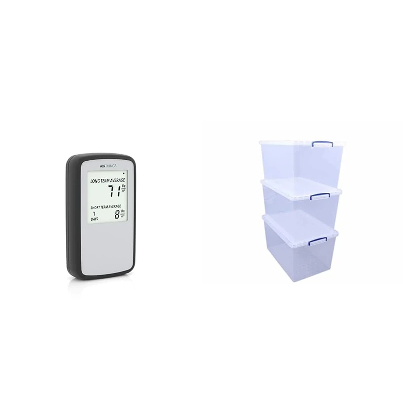 Airthings Corentium Home Radon Detector - 224 Portable, Lightweight, Easy-to-Use, (3) AAA Battery Operated, Intl Version, Bq/m & Really Useful Plastic Nestable Storage Box 83 Litre Clear (Pack of 3)