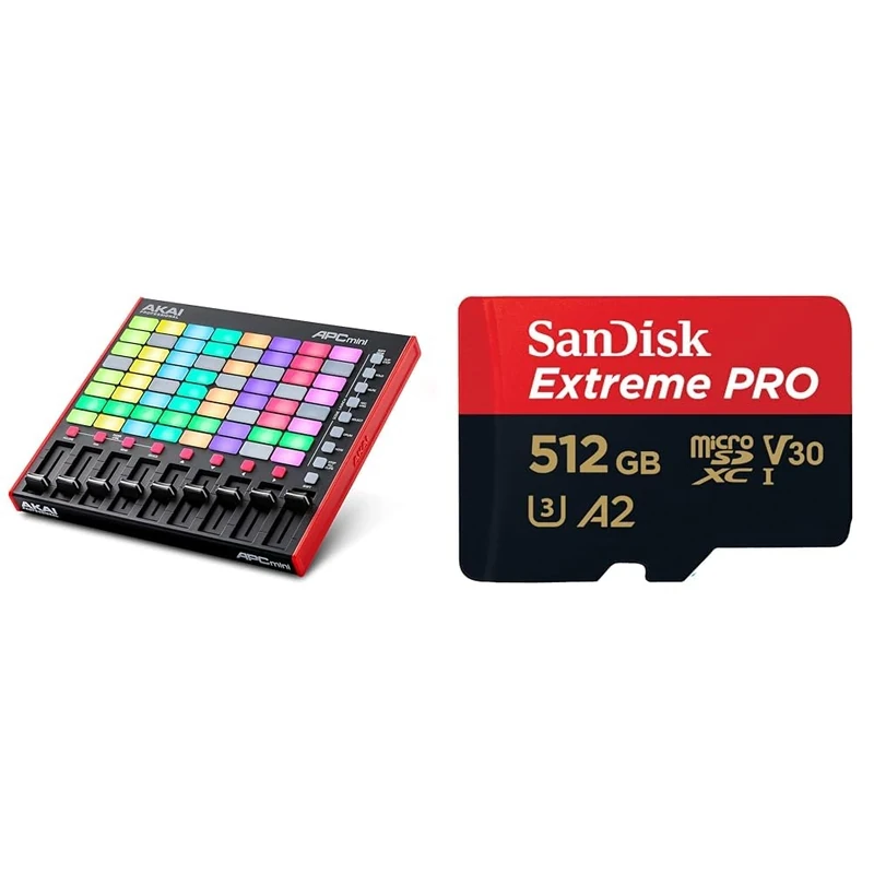 AKAI Professional APC Mini MK2 - USB MIDI Pad Controller for Clip Launching with Ableton Live Lite & SanDisk 512GB Extreme PRO microSDXC card + RescuePro Deluxe, up to 200 MB/s